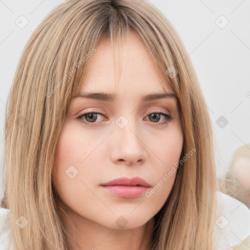 Neutral white young-adult female with long  brown hair and brown eyes