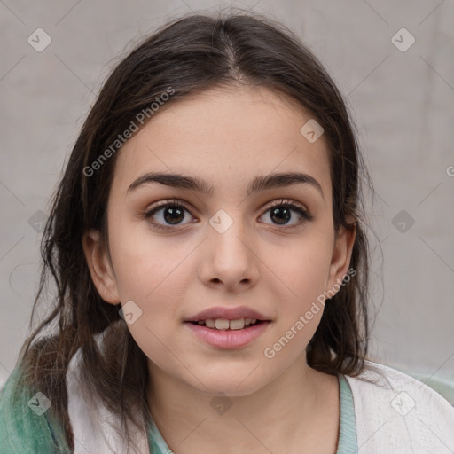 Joyful white child female with medium  brown hair and brown eyes