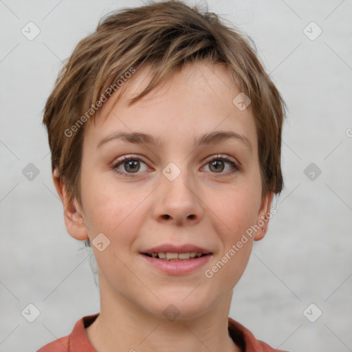 Joyful white young-adult female with short  brown hair and grey eyes