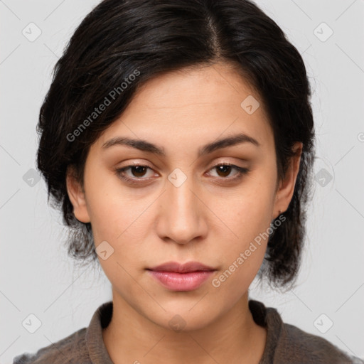 Neutral white young-adult female with medium  brown hair and brown eyes