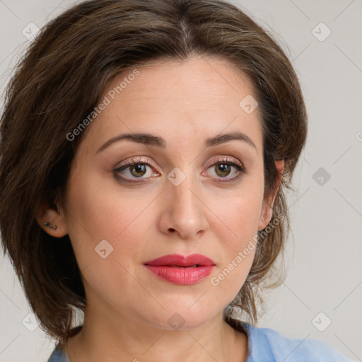 Joyful white young-adult female with medium  brown hair and green eyes