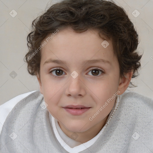 Joyful white child female with short  brown hair and brown eyes