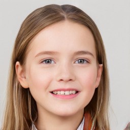 Joyful white child female with long  brown hair and grey eyes