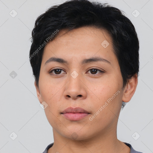 Neutral asian young-adult female with short  black hair and brown eyes