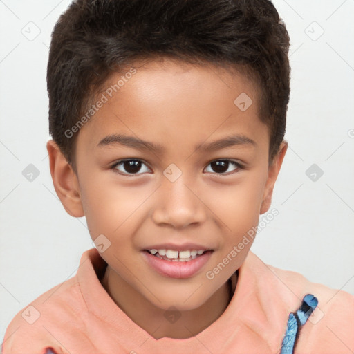 Joyful white child male with short  brown hair and brown eyes