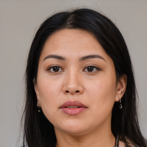 Neutral asian young-adult female with long  black hair and brown eyes