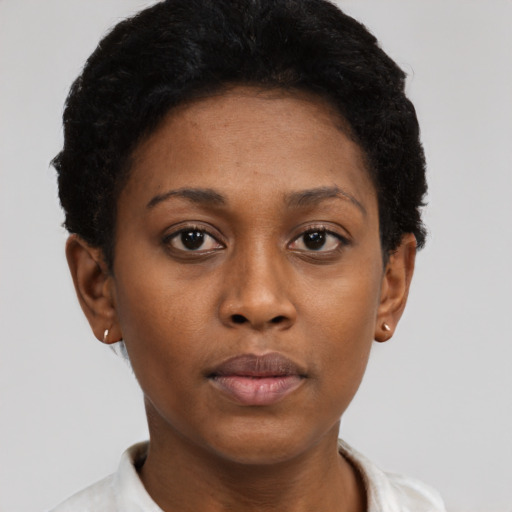 Neutral black adult female with short  black hair and brown eyes