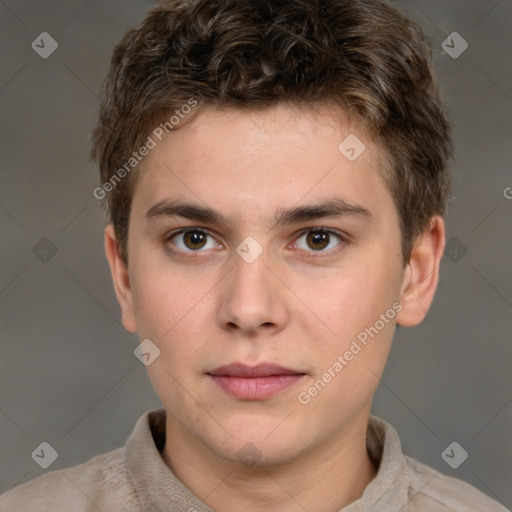 Neutral white young-adult male with short  brown hair and brown eyes