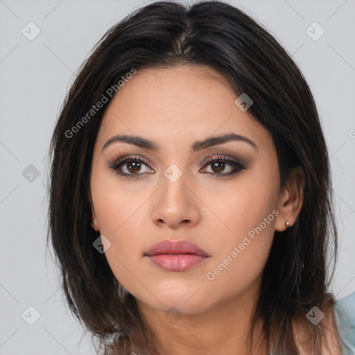 Neutral latino young-adult female with medium  brown hair and brown eyes