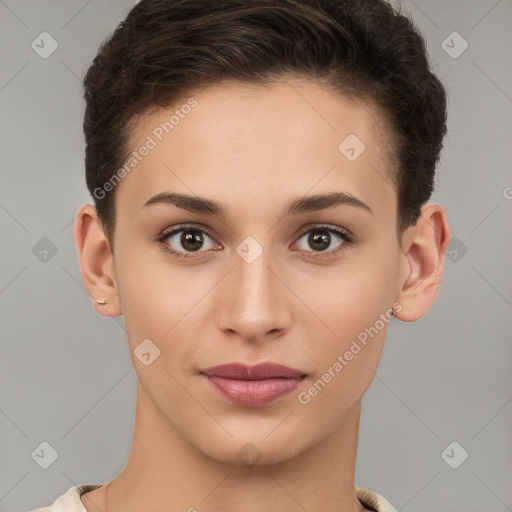 Joyful white young-adult female with short  brown hair and brown eyes