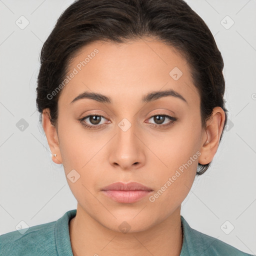 Neutral white young-adult female with medium  brown hair and brown eyes