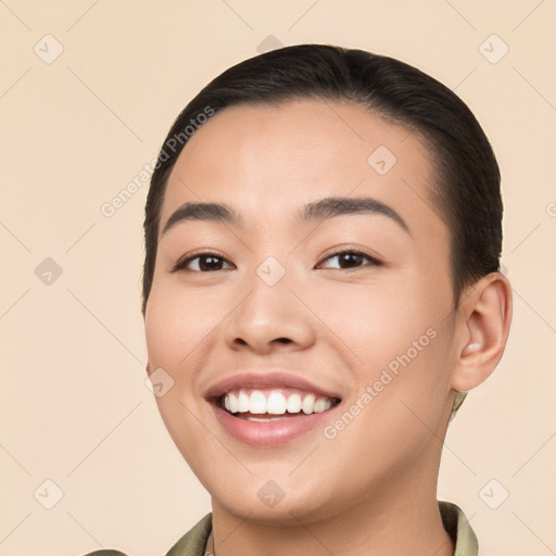 Joyful white young-adult female with short  brown hair and brown eyes