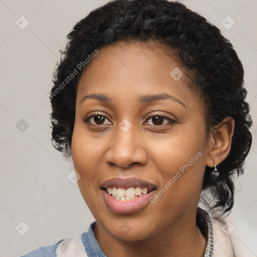 Joyful black young-adult female with medium  black hair and brown eyes