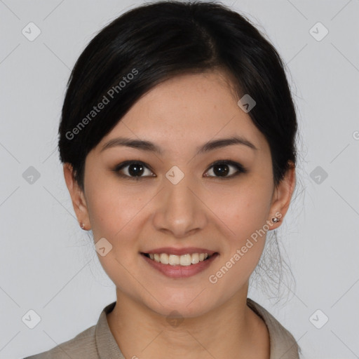 Joyful asian young-adult female with medium  black hair and brown eyes