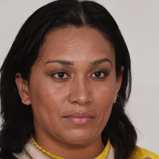 Joyful latino adult female with medium  brown hair and brown eyes