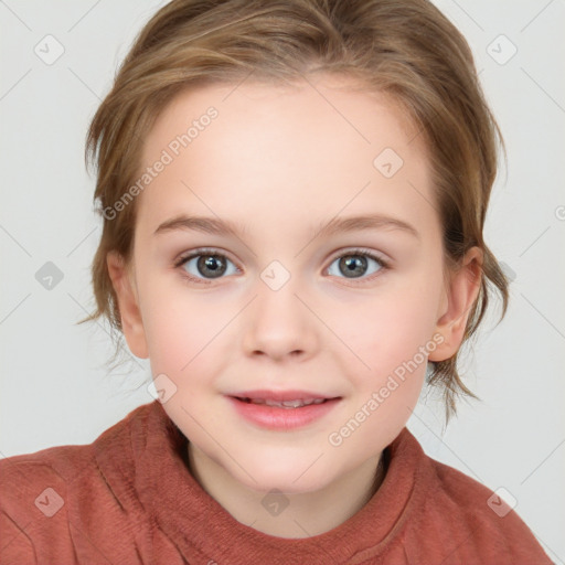 Joyful white child female with medium  brown hair and blue eyes