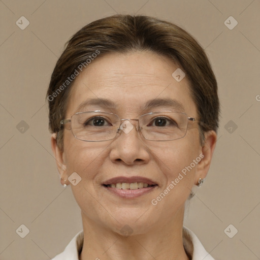 Joyful white adult female with short  brown hair and brown eyes