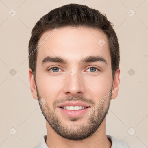 Neutral white young-adult male with short  brown hair and brown eyes