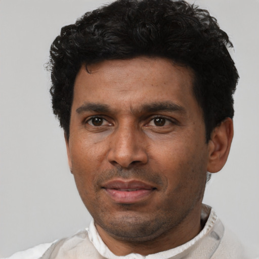 Neutral latino adult male with short  black hair and brown eyes