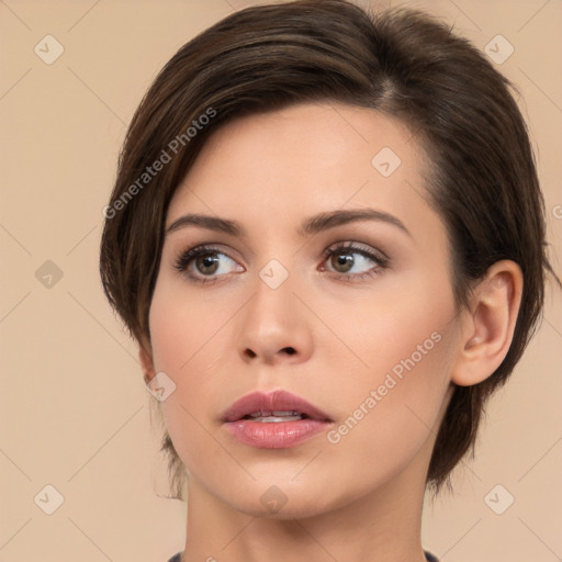 Neutral white young-adult female with medium  brown hair and brown eyes