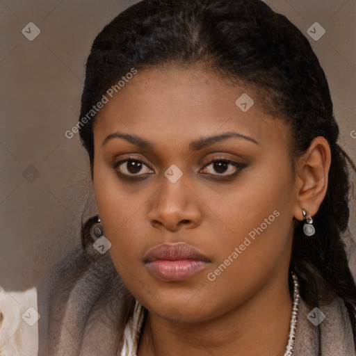 Neutral black young-adult female with long  brown hair and brown eyes