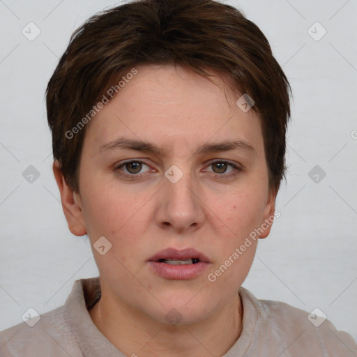 Neutral white young-adult female with short  brown hair and brown eyes