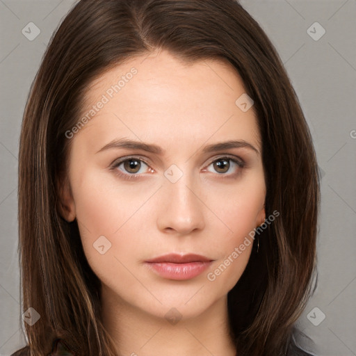 Neutral white young-adult female with long  brown hair and brown eyes