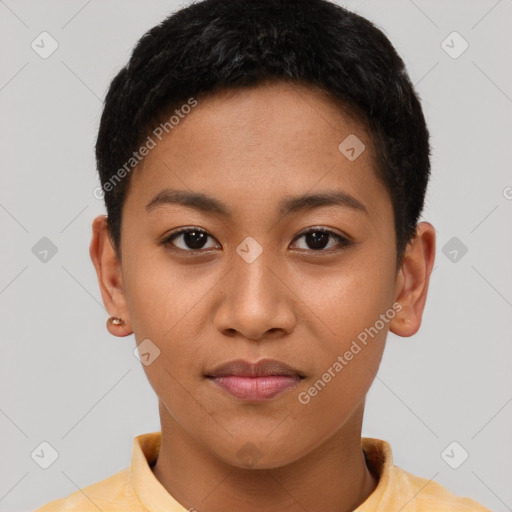 Neutral asian young-adult female with short  brown hair and brown eyes