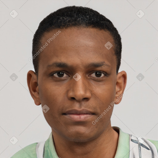 Neutral black young-adult male with short  black hair and brown eyes