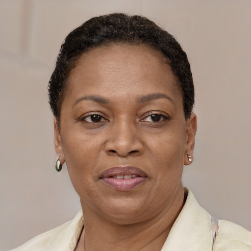 Joyful black adult female with short  brown hair and brown eyes