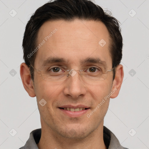 Joyful white adult male with short  brown hair and brown eyes