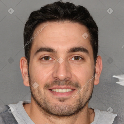 Joyful white young-adult male with short  brown hair and brown eyes