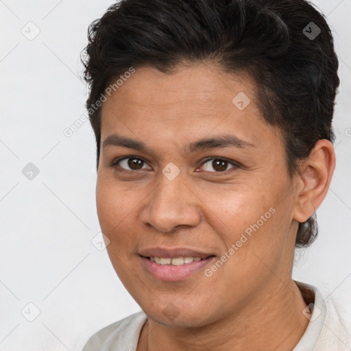 Joyful white adult female with short  brown hair and brown eyes