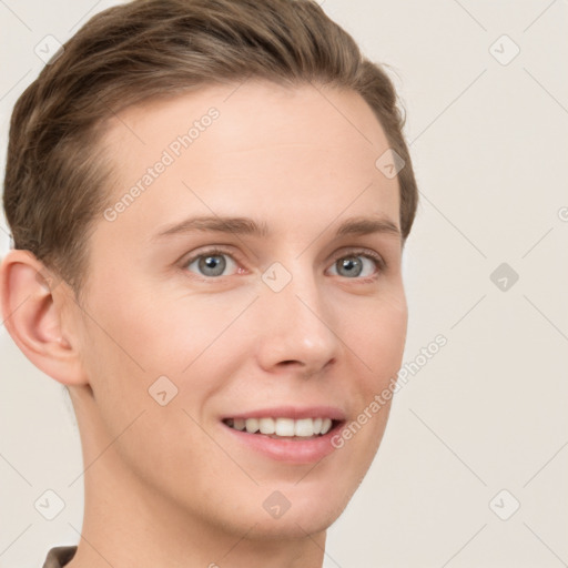 Joyful white young-adult female with short  brown hair and grey eyes