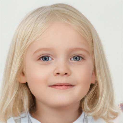 Joyful white child female with medium  blond hair and blue eyes