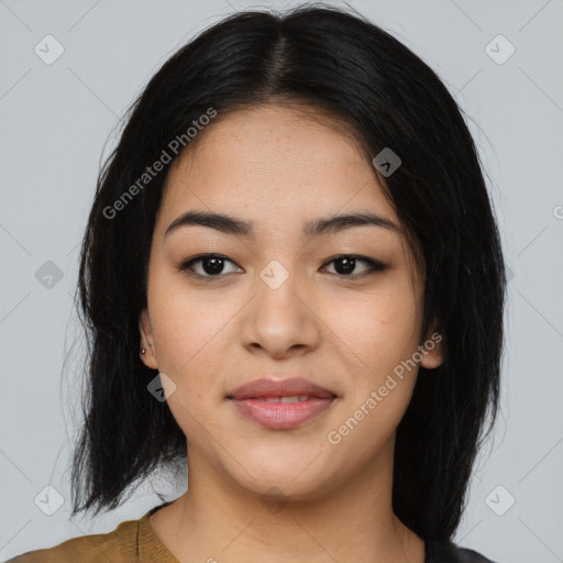 Joyful asian young-adult female with medium  black hair and brown eyes