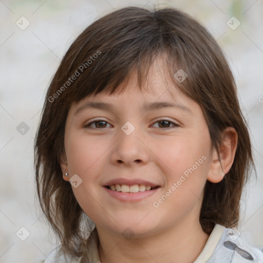 Joyful white child female with medium  brown hair and brown eyes