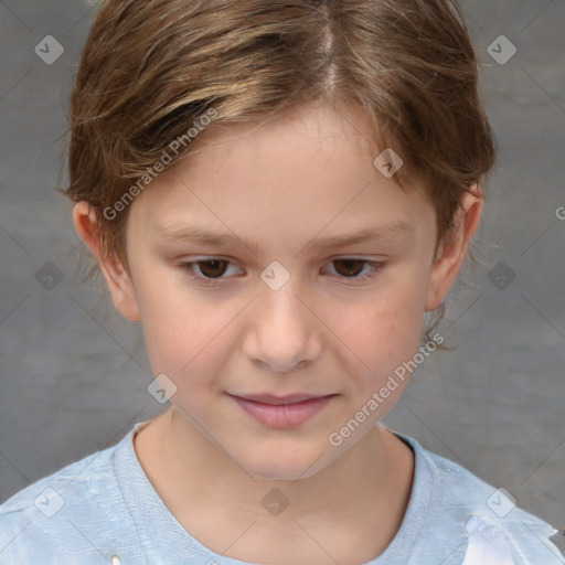 Joyful white child female with short  brown hair and brown eyes