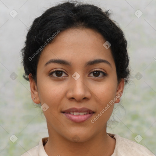 Joyful latino young-adult female with short  brown hair and brown eyes