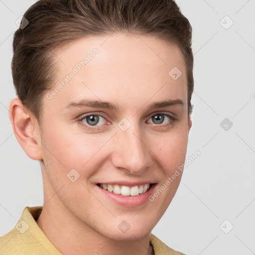 Joyful white young-adult female with short  brown hair and grey eyes