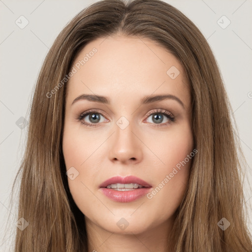 Neutral white young-adult female with long  brown hair and brown eyes