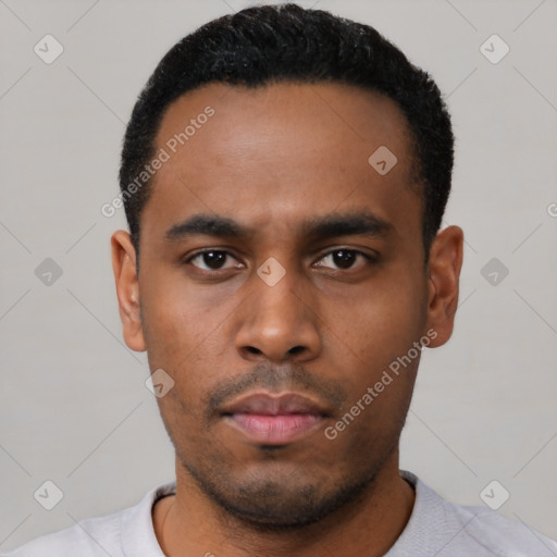 Neutral latino young-adult male with short  black hair and brown eyes