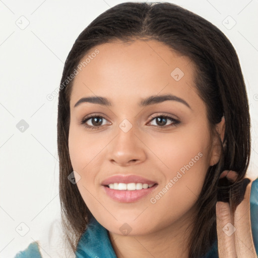 Joyful white young-adult female with long  brown hair and brown eyes