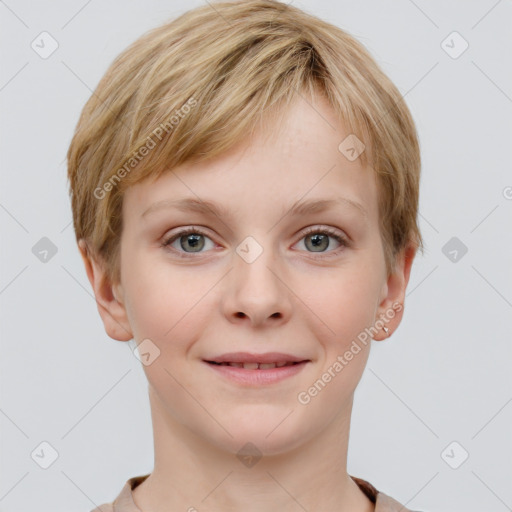 Joyful white child female with short  brown hair and grey eyes