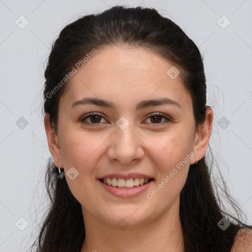 Joyful white young-adult female with long  brown hair and brown eyes