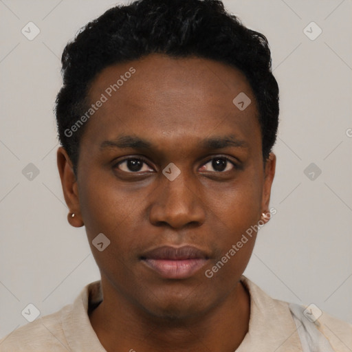 Neutral black young-adult male with short  black hair and brown eyes