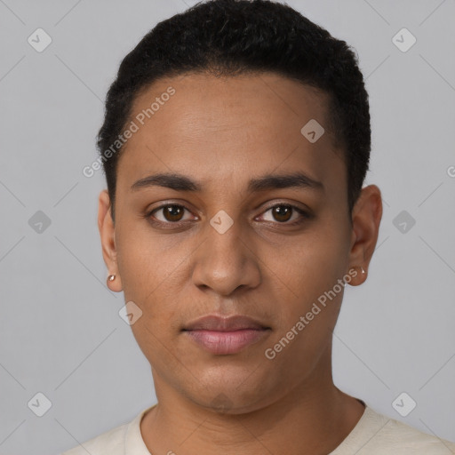 Neutral latino young-adult male with short  black hair and brown eyes
