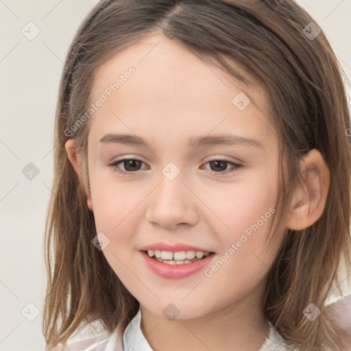 Joyful white child female with medium  brown hair and brown eyes