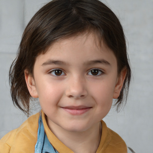 Joyful white child female with medium  brown hair and brown eyes