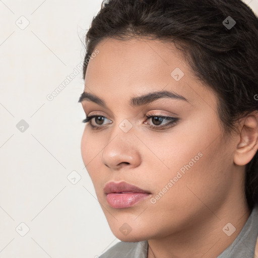 Neutral white young-adult female with short  brown hair and brown eyes